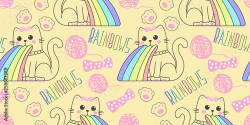 seamless pattern with cute cat in kawaii style puking rainbow