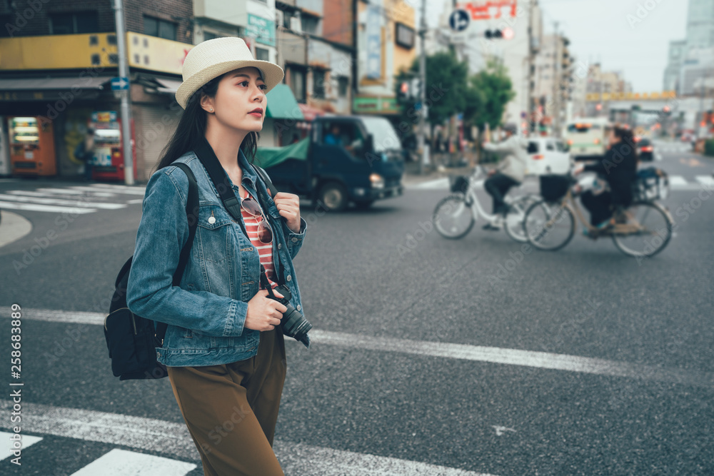 woman pedestrian walking to cross the road outside on sunny day. young elegant female photographer hold professional camera on zebra crossing with cars trucks and bike bicycles in japan osaka city. woman pedestrian walking to cross the road outside on sunny day. young elegant female photographer hold professional camera on zebra crossing with cars trucks and bike bicycles in japan osaka city.