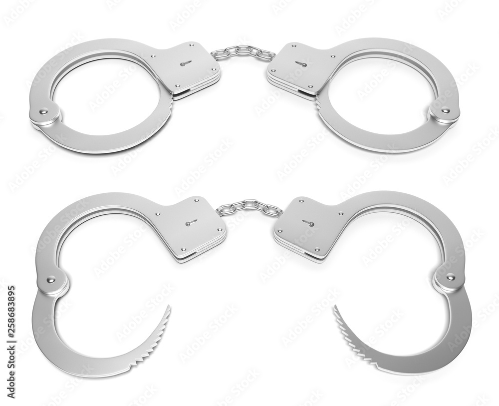 Metal handcuffs. Open and closed. 3d rendering illustration isolated Metal handcuffs. Open and closed. 3d rendering illustration isolated