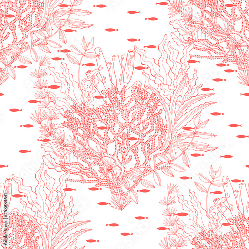 Seamless vector pattern with corals, seaweed and fishes on a white background. Abstract underwater background.