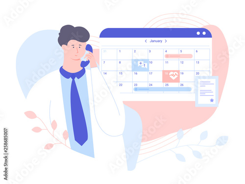 Male doctor answers the phone. He checks the schedule to make an appointment with the patient. Calendar and diploma of education. Vector illustration for landing pages and banners.