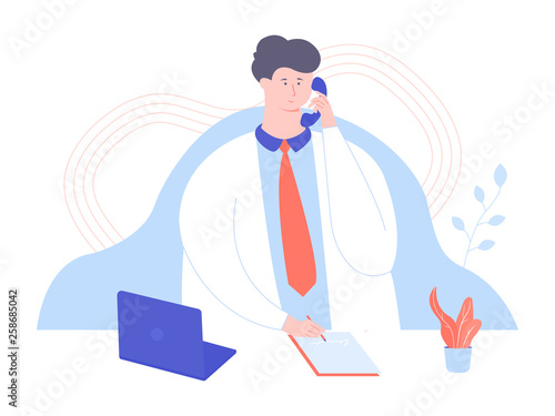 Male doctor answers the phone. Work in a medical clinic. On the desktop is a laptop, paper and a flower. Vector illustration for landing pages and banners.