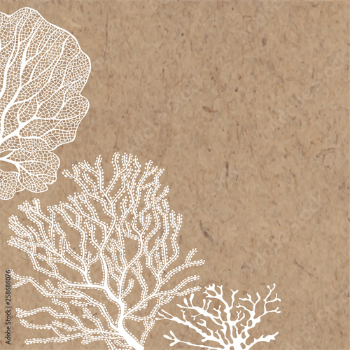 Vector background with hand-drawn corals on kraft paper. Botanical illustration with water plants and space for text, can be used creating card or invitation card. Corner composition.