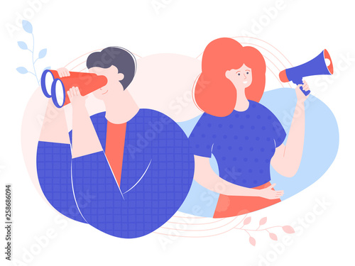 Man looks through binoculars. Woman speaks into a loudspeaker. Employee search, recruitment, teamwork, brainstorm. Vector illustration for web pages and printed materials.