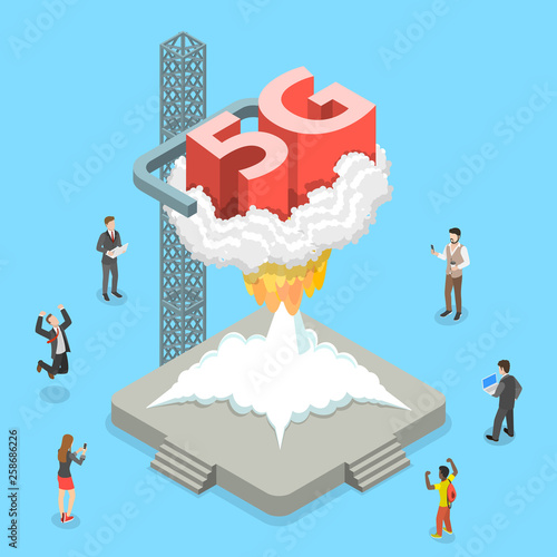 Isometric flat vector concept of 5G , global wireless network, high speed internet technology.