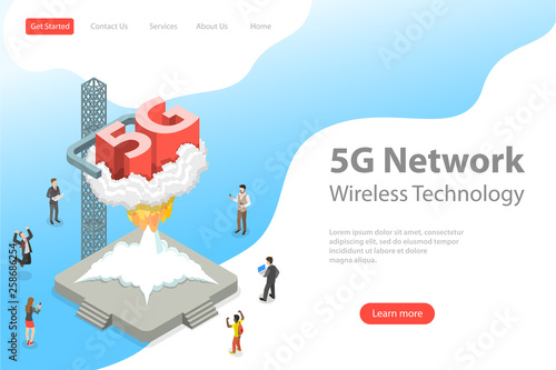 Isometric flat vector landing page template of 5G , global wireless network, high speed internet technology.