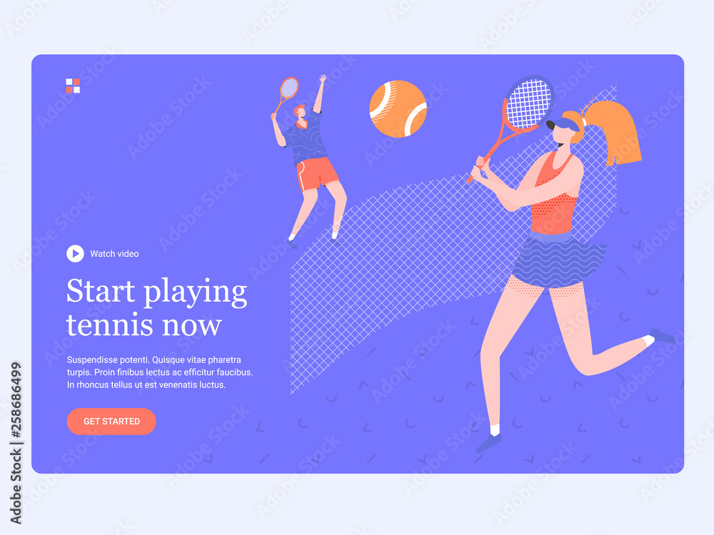 Concept template hero image for landing page. A couple playing on the tennis court. Coach and student. Sports and active hobby, court rental. Trendy vector illustration.