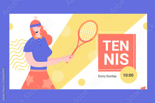 Banner for competitions or training in tennis. Female player with a racket. Vector illustration.