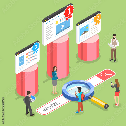Flat isometric vector concept of seo ranking, website optimization marketing, web analytics, search engine.
