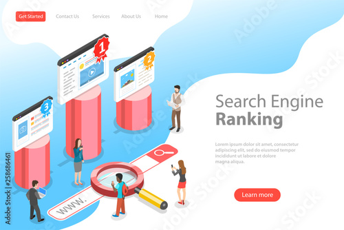 Flat isometric vector landing pate template of seo ranking, website optimization marketing, web analytics, search engine.