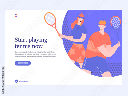 Concept template hero image for landing page. A couple playing on the tennis court. Coach and student. Sports and active hobby. Trendy vector illustration.