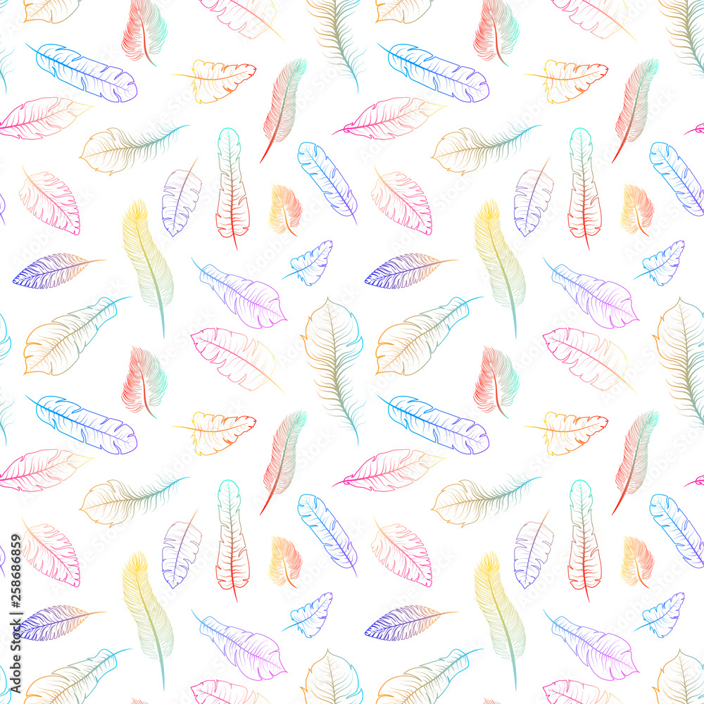 Different colorful exotic feathers on white, seamless pattern