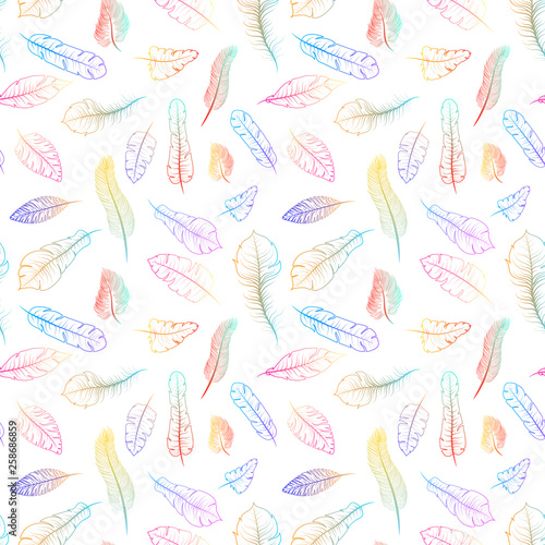 Different colorful exotic feathers on white, seamless pattern © EvgeniyBobrov