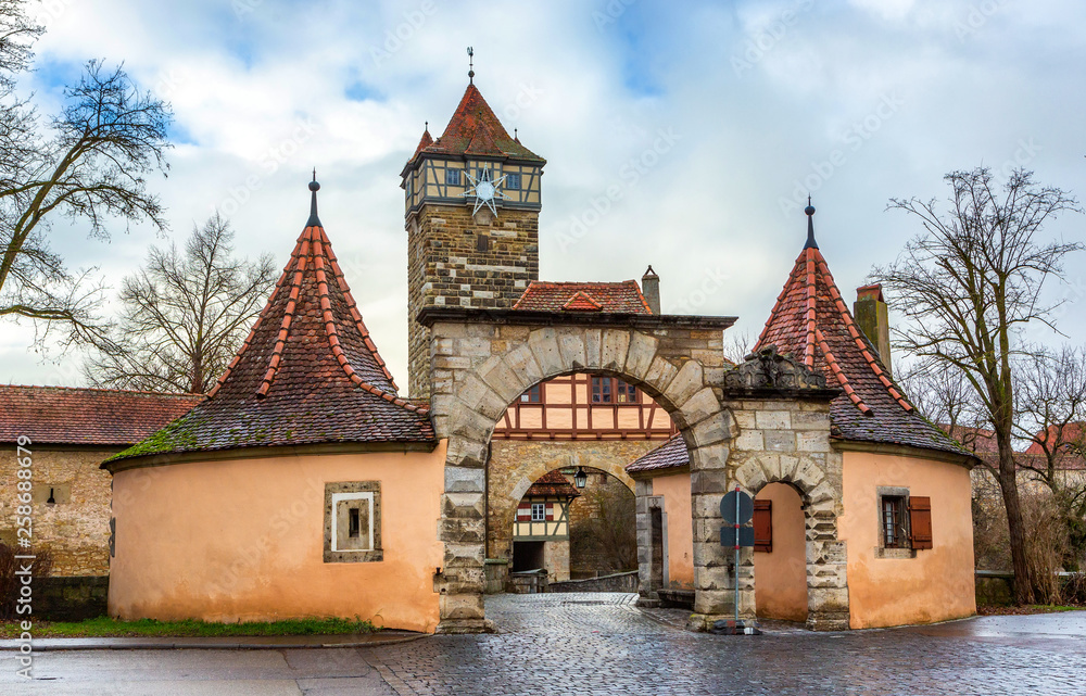 Castle tower and city gate at the entrance to the old town of Rothenburg ob der Tauber