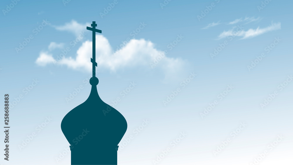 Silhouette Orthodox Church. Vector illustration of the dome of the Orthodox church against the blue sky.