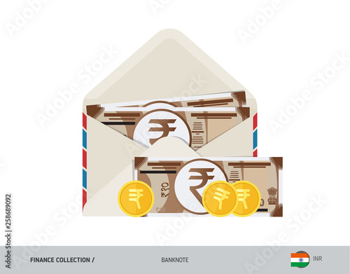 10 Indian Rupee Banknote. Flat style opened envelope with cash. Indian Rupee banknotes and coins. Salary payout or corruption concept.
