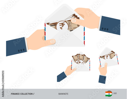 10 Indian Rupee Banknotes in envelope hold in hand. Set of flat style opened white envelopes with cash. Salary payout or corruption concept.