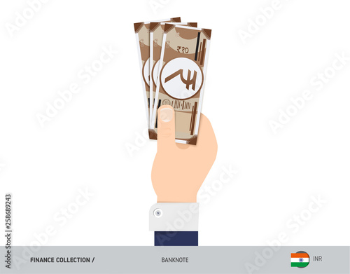 10 Indian Rupee Banknote. Hand gives money. Flat style vector illustration. Salary payout or corruption concept.