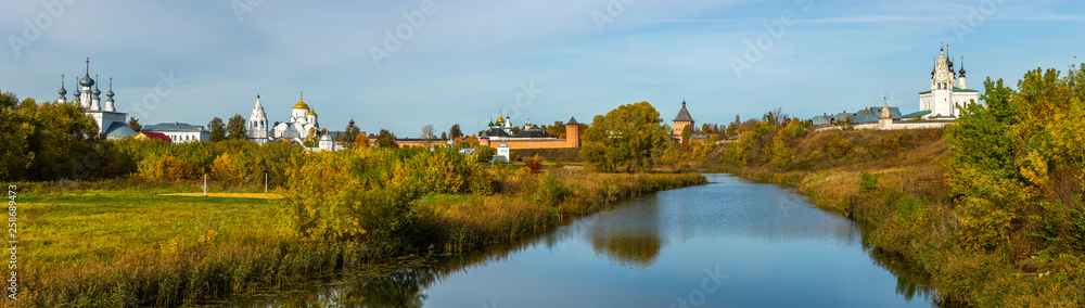 Fototapeta premium Church in Suzdal in sunny day. Gold ring of Russia. Panorama