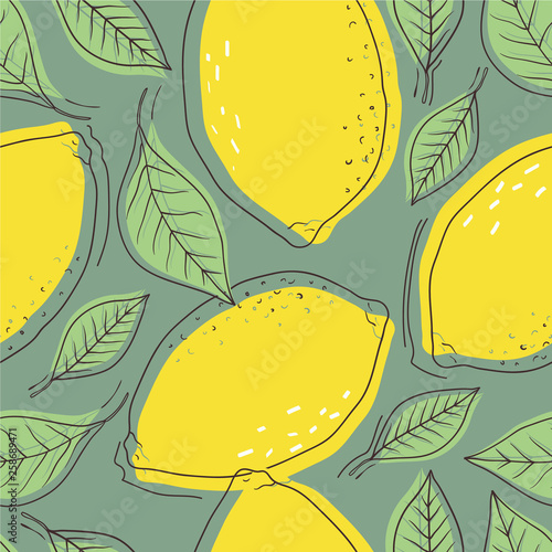 Fresh lemons, leaves background. Hand drawn overlapping backdrop. Colorful wallpaper vector. Seamless pattern with citrus fruits. Decorative illustration, good for printing