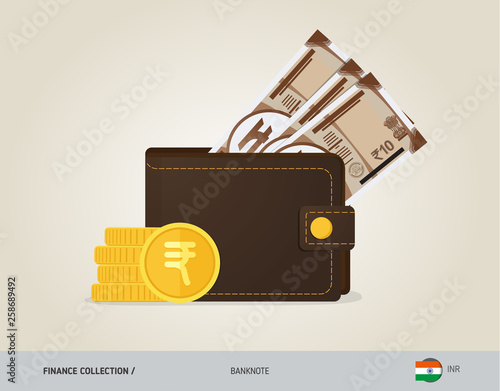 Brown leather wallet with 10 Indian Rupee Banknote and coins. Flat style vector illustration. Business concept.