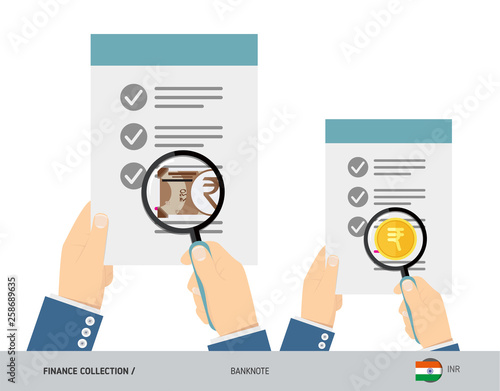 Search 10 Indian Rupee Banknote and coin. Flat style vector illustration. Favorable conditions concept.