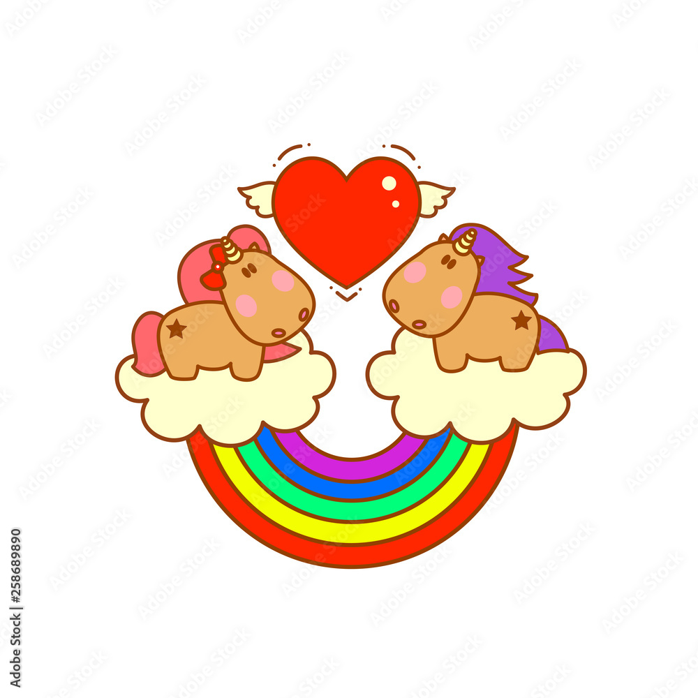 Cute magical unicorns on clouds with rainbow fall in love. Beautiful cartoon character for your design. 