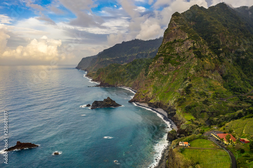 Beautiful mountain landscape of Madeira island, Portugal. Summer travel background. Aerial view.
