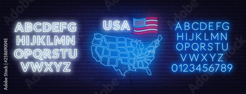 Neon map of the USA on brick wall background. Glowing fonts.