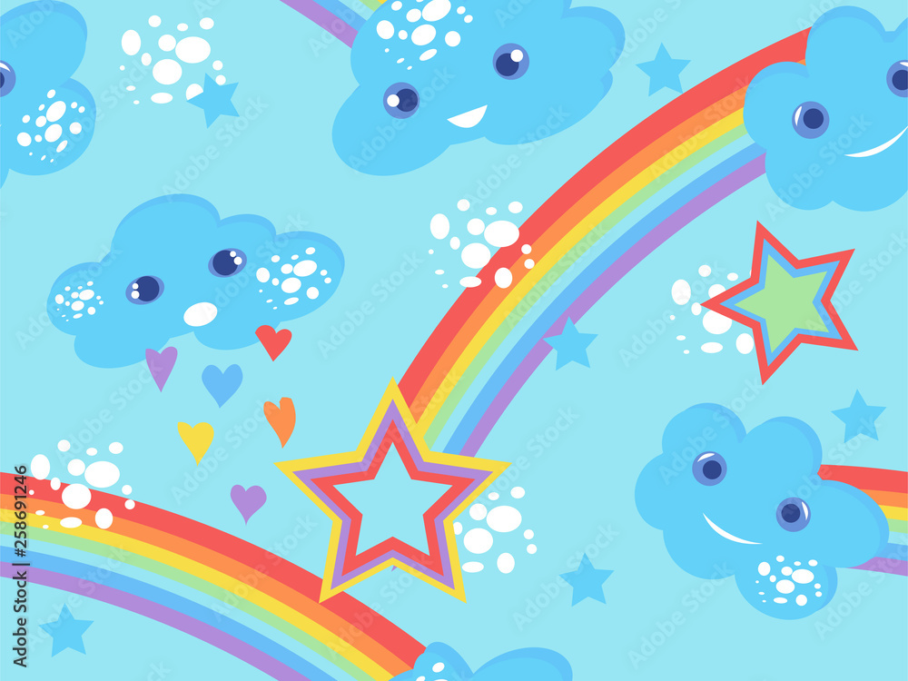Seamless kids pattern with clouds and rainbow. Hand-drawn cute ...