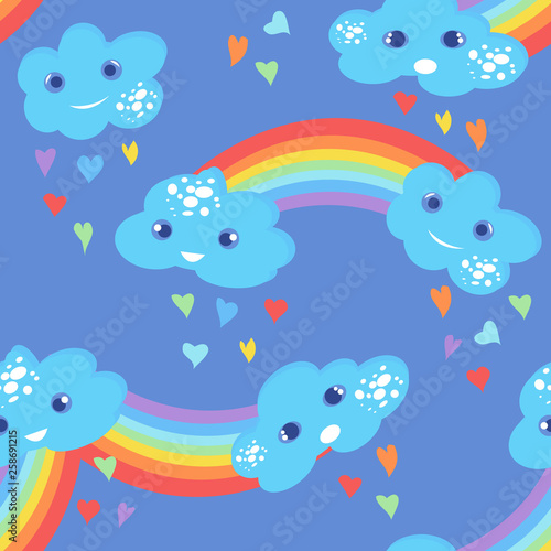 Seamless kids pattern with clouds and rainbow. Hand-drawn cute background for kids. Design for fabric  wallpaper  textiles  packaging  vrapping  covers  printing. Vector illustration.