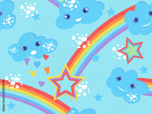 Seamless kids pattern with clouds and rainbow. Hand-drawn cute background for kids. Design for fabric, wallpaper, textiles, packaging, vrapping, covers, printing. Vector illustration.