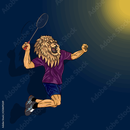 Badminton player, lion in human body, jumping to smash badminyon
