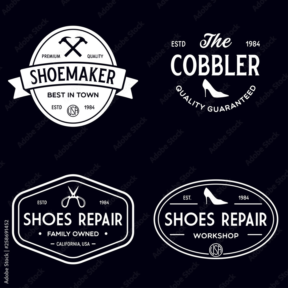 Vector set of vintage logos, labels, badges, emblems or logotypes elements for shoemaker, shoes shop and shoes repair.