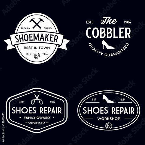 Vector set of vintage logos, labels, badges, emblems or logotypes elements for shoemaker, shoes shop and shoes repair.