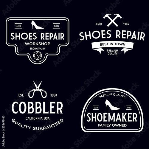 Vector set of vintage logos, labels, badges, emblems or logotypes elements for shoemaker, shoes shop and shoes repair.