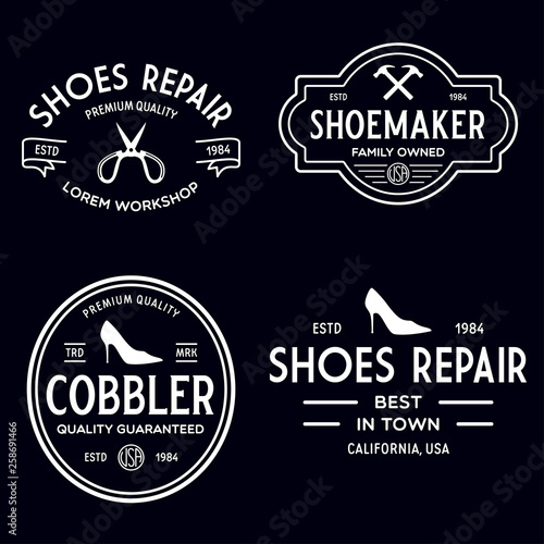 Vector set of vintage logos, labels, badges, emblems or logotypes elements for shoemaker, shoes shop and shoes repair.