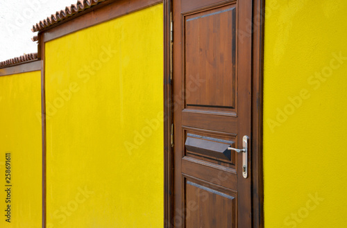 yellow wall and door in the room
