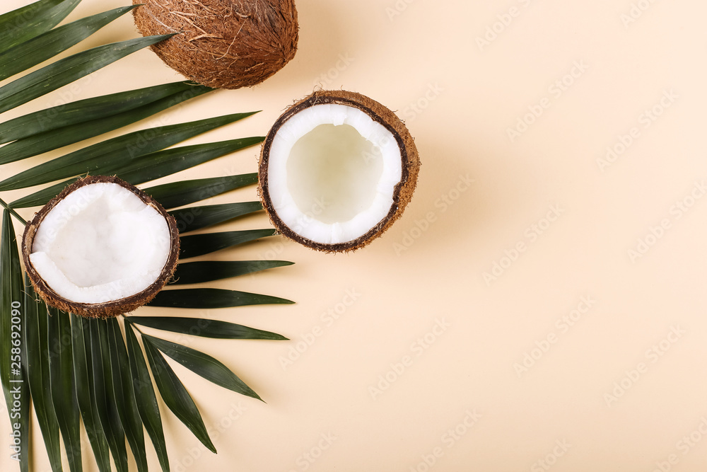 Coconut and palm leaves, copy space. Summer mood, tropical background, blank. Coconut and palm leaves, copy space. Summer mood, tropical background, blank.