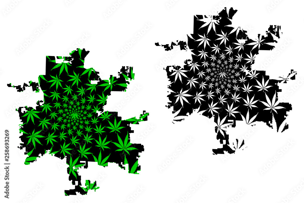 Naklejka premium Columbus city (United States of America, USA, U.S., US, United States cities, usa city) - map is designed cannabis leaf green and black, City of Columbus map made of marijuana (marihuana,THC) foliage,