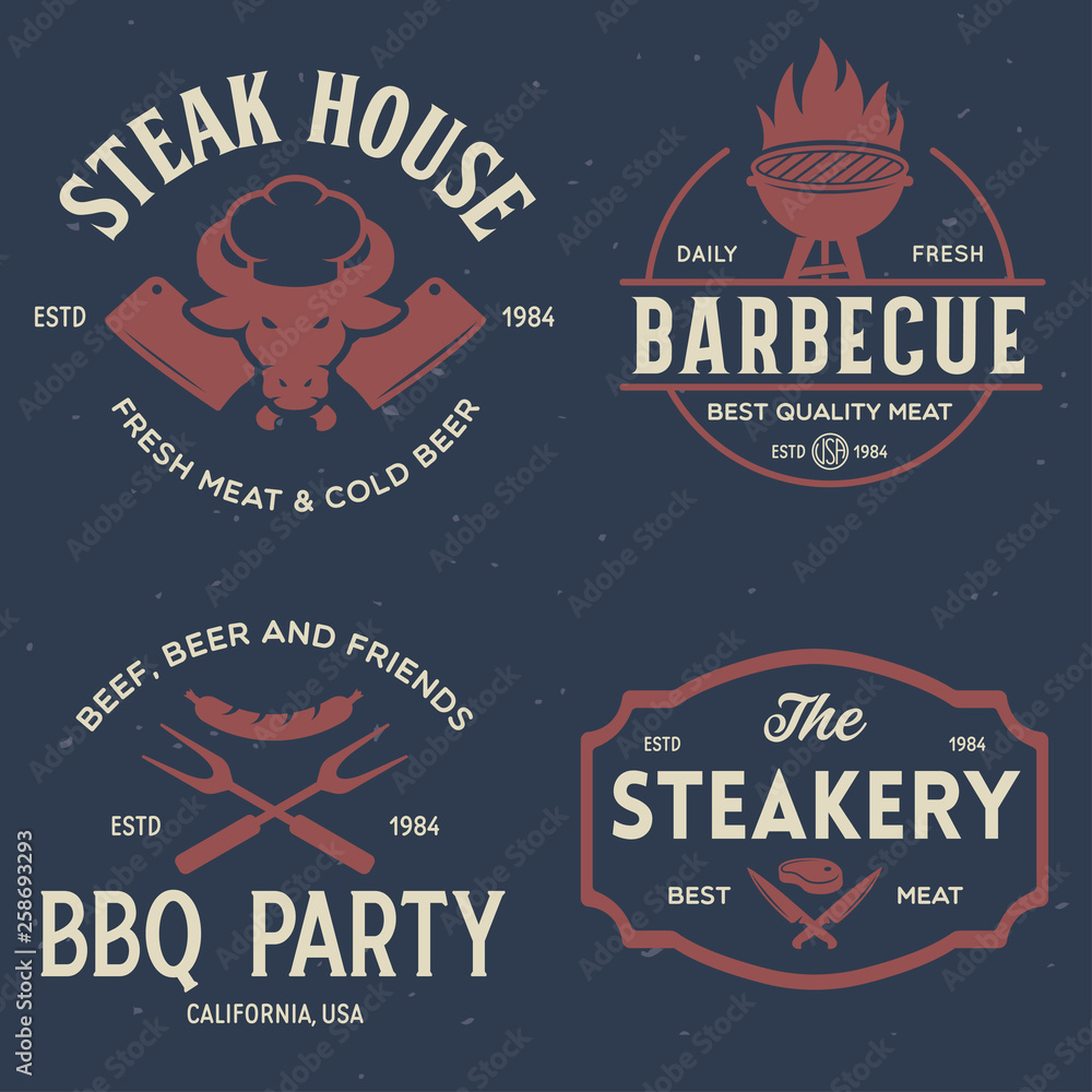 Fototapeta premium Steak House, barbecue, bbq party, restaurant logo templates. Collection elements for grill menu design.