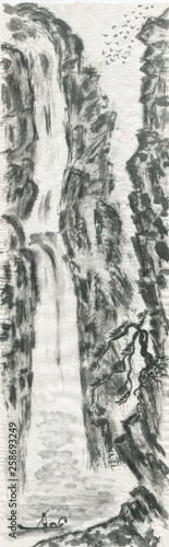 Mountain landscape, waterfall, Chinese pine and fisherman. Watercolor and ink illustration in style sumi-e, u-sin, go-hua. Oriental traditional painting. Monochrome