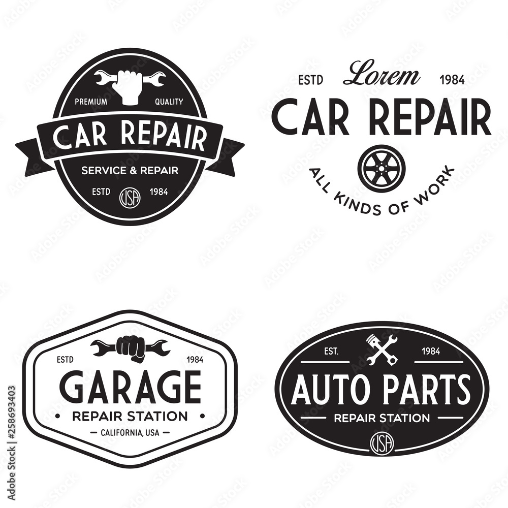 Set of vintage monochrome car repair service templates of emblems