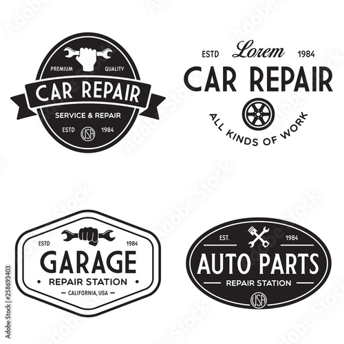 Set of vintage monochrome car repair service templates of emblems, labels, badges and logos. Service station auto parts tires shop mechanic on duty.