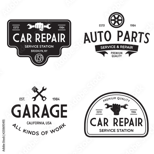 Set of vintage monochrome car repair service templates of emblems, labels, badges and logos. Service station auto parts tires shop mechanic on duty.