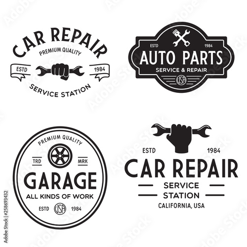 Set of vintage monochrome car repair service templates of emblems, labels, badges and logos. Service station auto parts tires shop mechanic on duty.