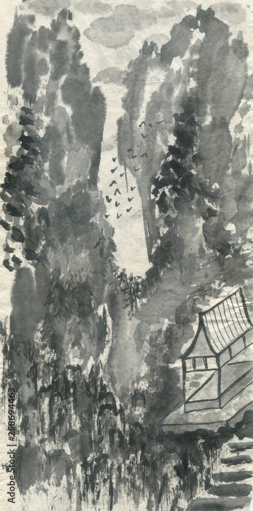 Obraz premium Pagoda and mountain landscape in a fog . Watercolor and ink illustration in style sumi-e, u-sin, go-hua. Oriental traditional painting. Monochrome