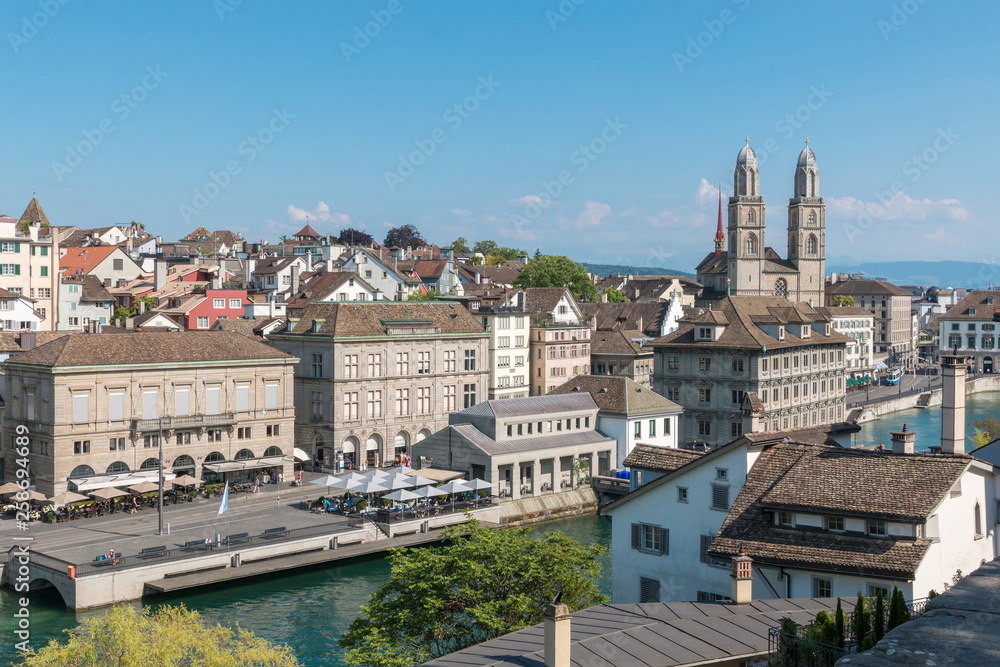 View of historic Zurich city and river Limmat from Lindenhof park, Zurich