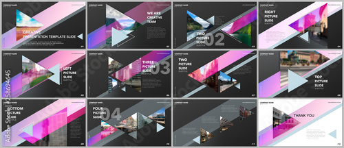 Minimal presentations design, portfolio vector templates with triangles and triangular elements. Multipurpose template for presentation slide, flyer leaflet, brochure cover, report, advertising.