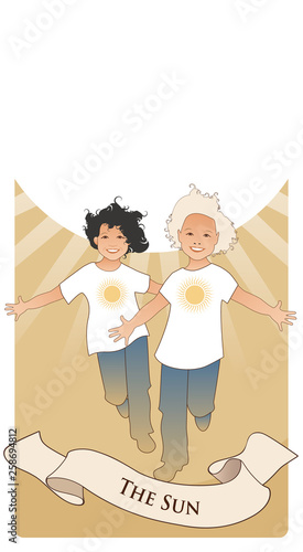 Major Arcana Tarot Cards. The Sun. Two happy twin boys running with open arms in front of the sun